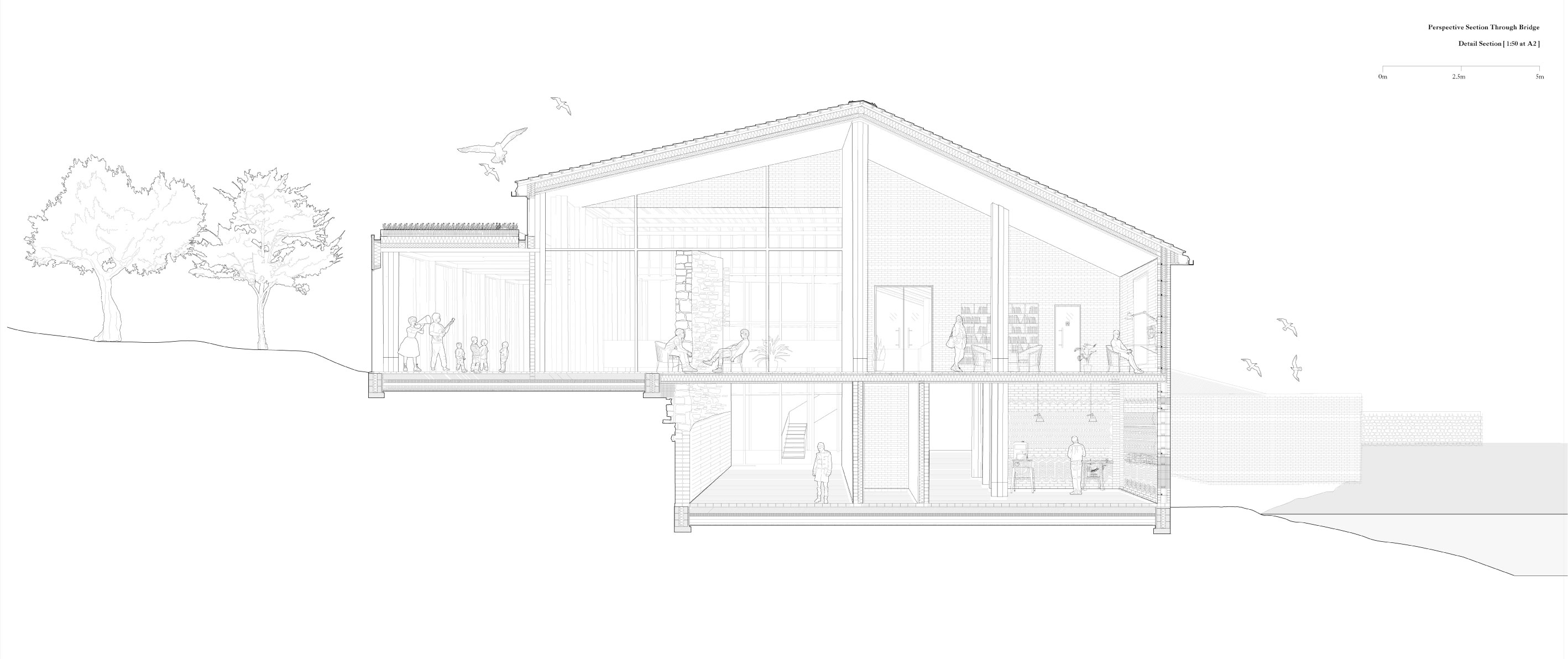 Section through library and garden classrooms 