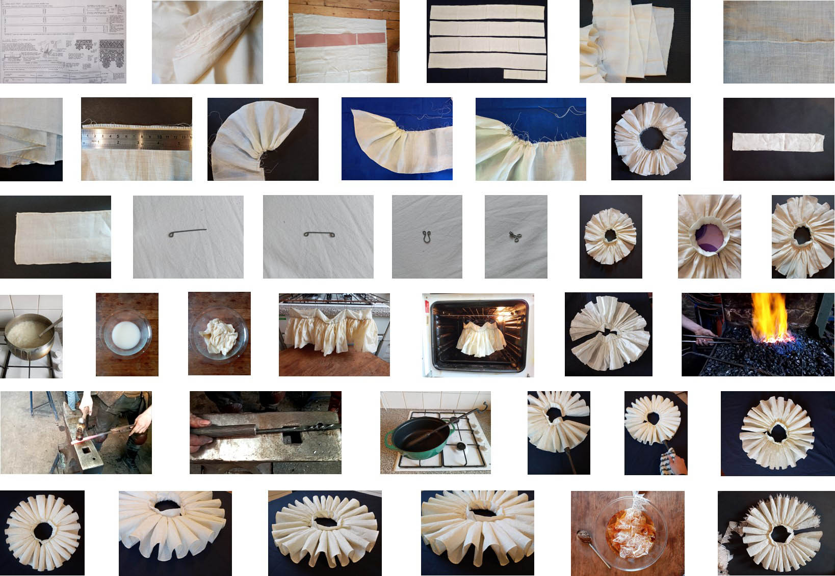 A collection of images documenting the process of making an historical ruff