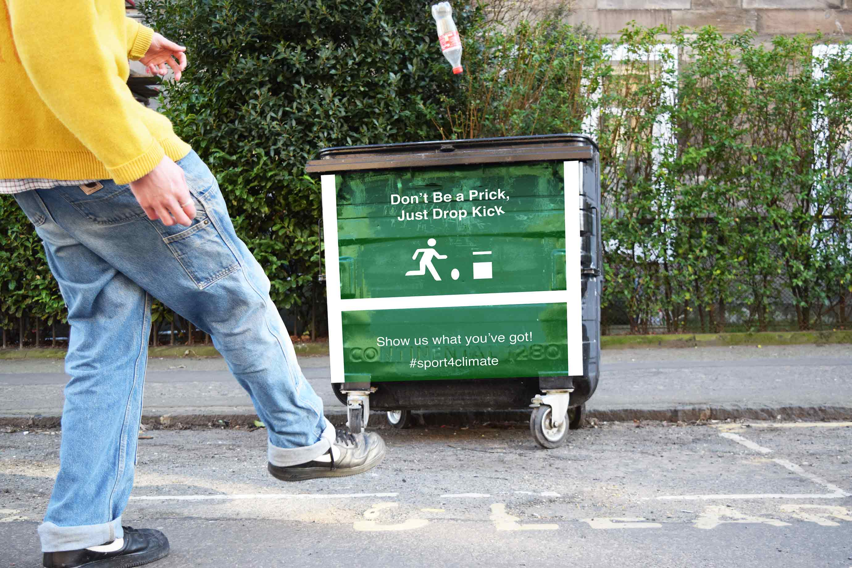 Drop kicking a bottle into a bin.