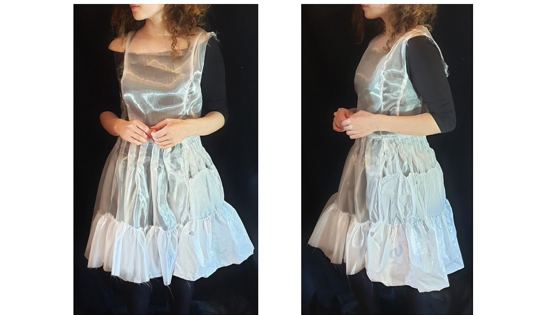 Two images of a woman wearing a white dress