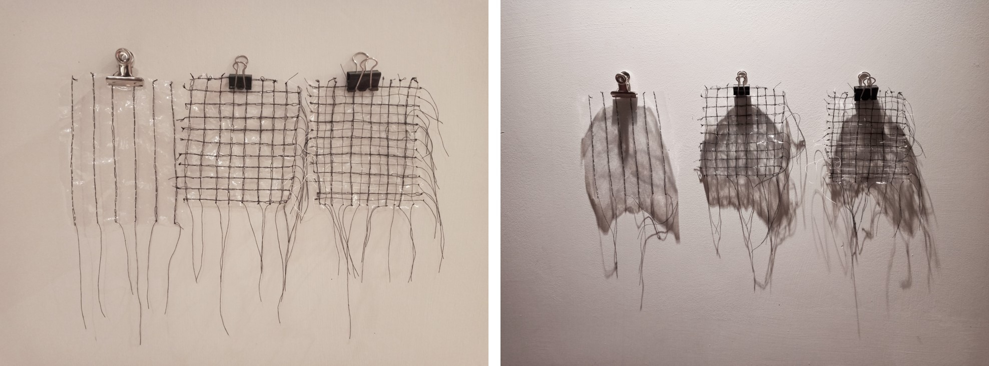 Small squares of clear plastic with thread sewn through them