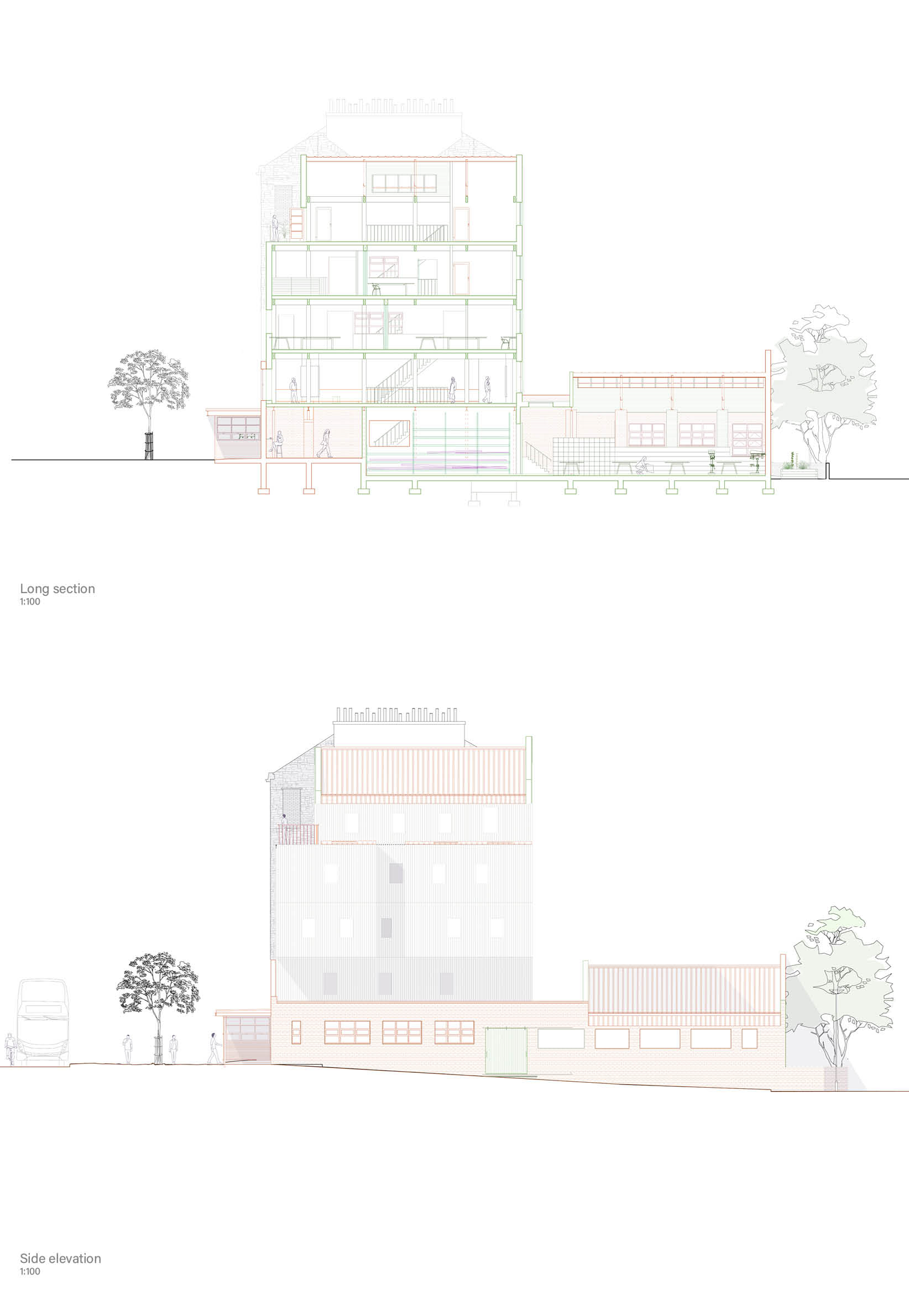 long section with its corresponding elevation