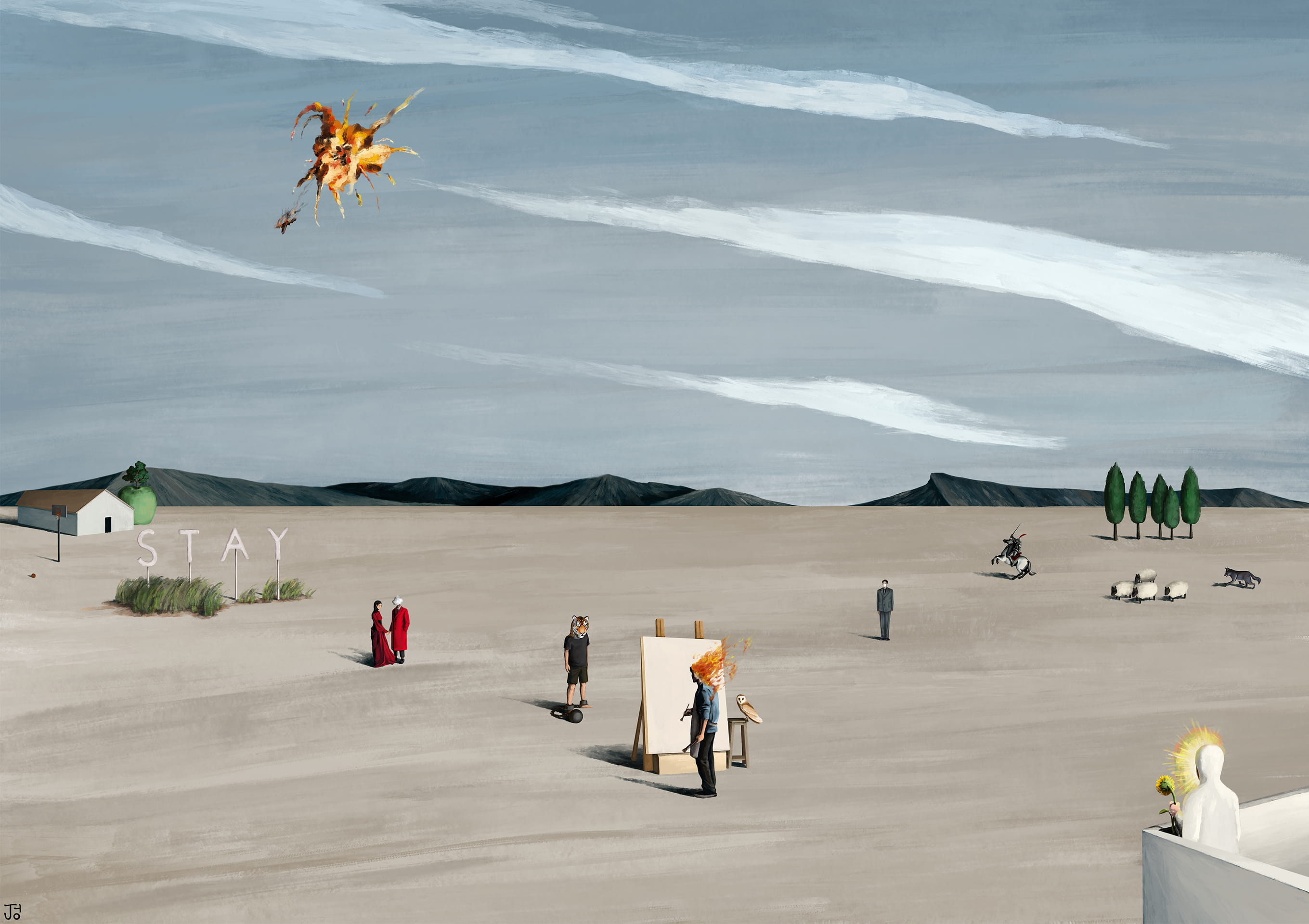 Airplane explosion in the clear blue sky. In the centre of the vast deserted landscape, there's an artist with a burning head with his canvas and an owl. On his left stands a chained man with the head of a tiger, men with a cloud head and a woman dressed in red, a notice-board stating 'STAY', and a house with a basketball court and a giant green apple in its yard. On the right, there stands a man in a grey suit, a knight, four sheep, a wolf, and five trees. At the front right corner stands a holy spirit.   