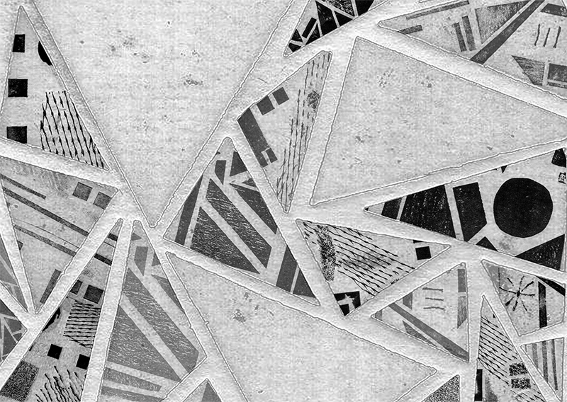 A collaged image of various prints on an abstract emboss print.