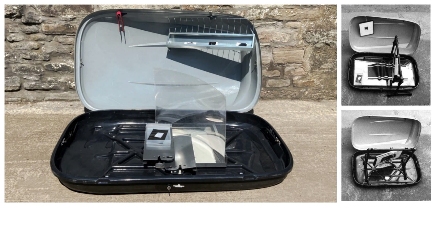 This image displays three variations of MY POWERPOINT DARKROOM, which is a work that uses an open, car roof box to display smaller sculptural works. In the largest photograph, the roof box contains the works AQUEOUS DEVICES and the DIAGRAM, as well as a pair of red, equipment tongs. Two smaller, black and white images of MY POWERPOINT DARKROOM display variations of the contents of the roof box. These images document the modular quality of the work. 