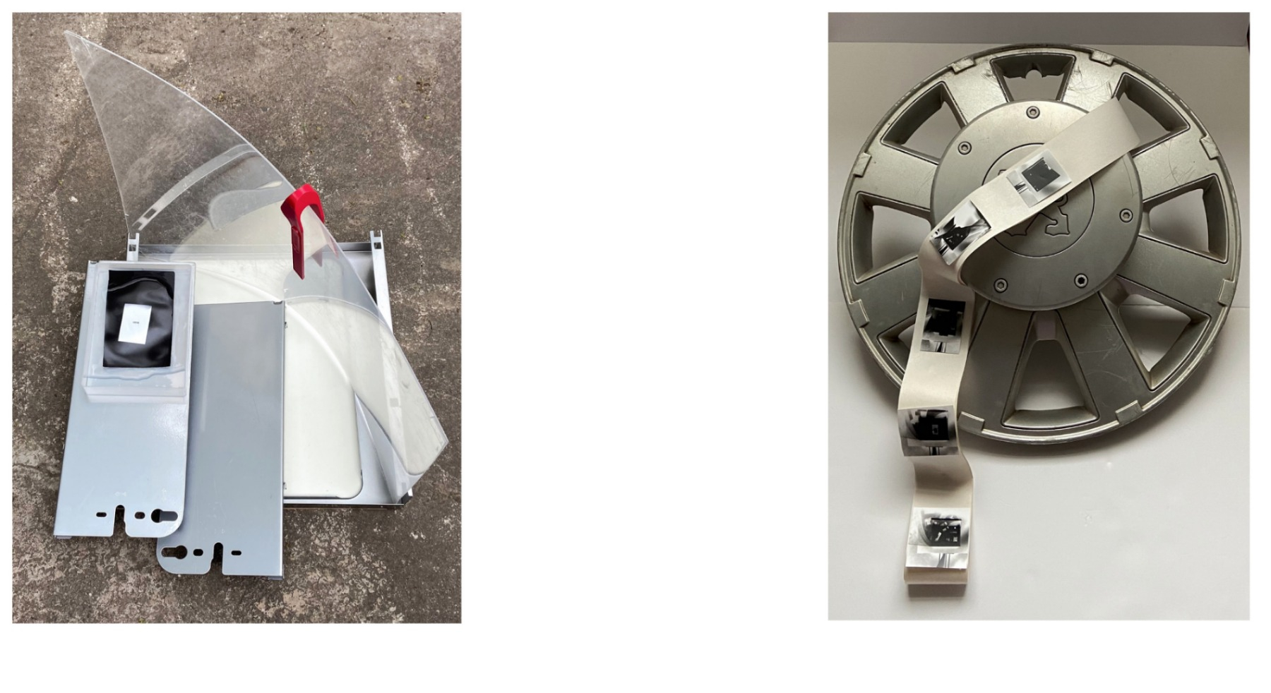 This row displays two images of objects. The objects are fashioned out of metal shapes, some recognisable as car hubcaps. The hub cap work displays a roll of small, black and white photographic images, which work their way down the face of the hubcap in a waterfall manner.  Other works present small photographs in vessels of water, making the images appear wet. 