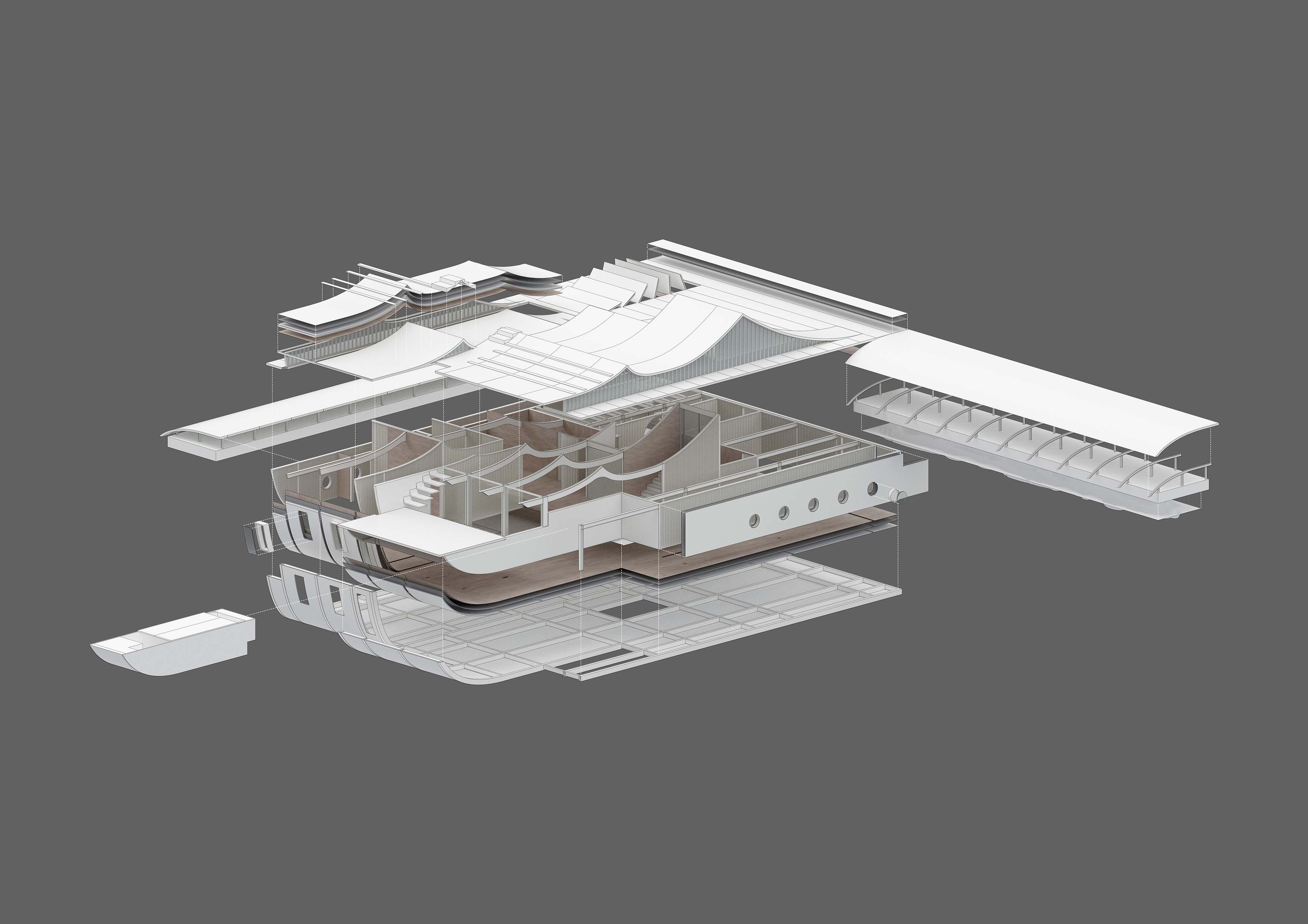 The exploded view with all components of the floating architecture
