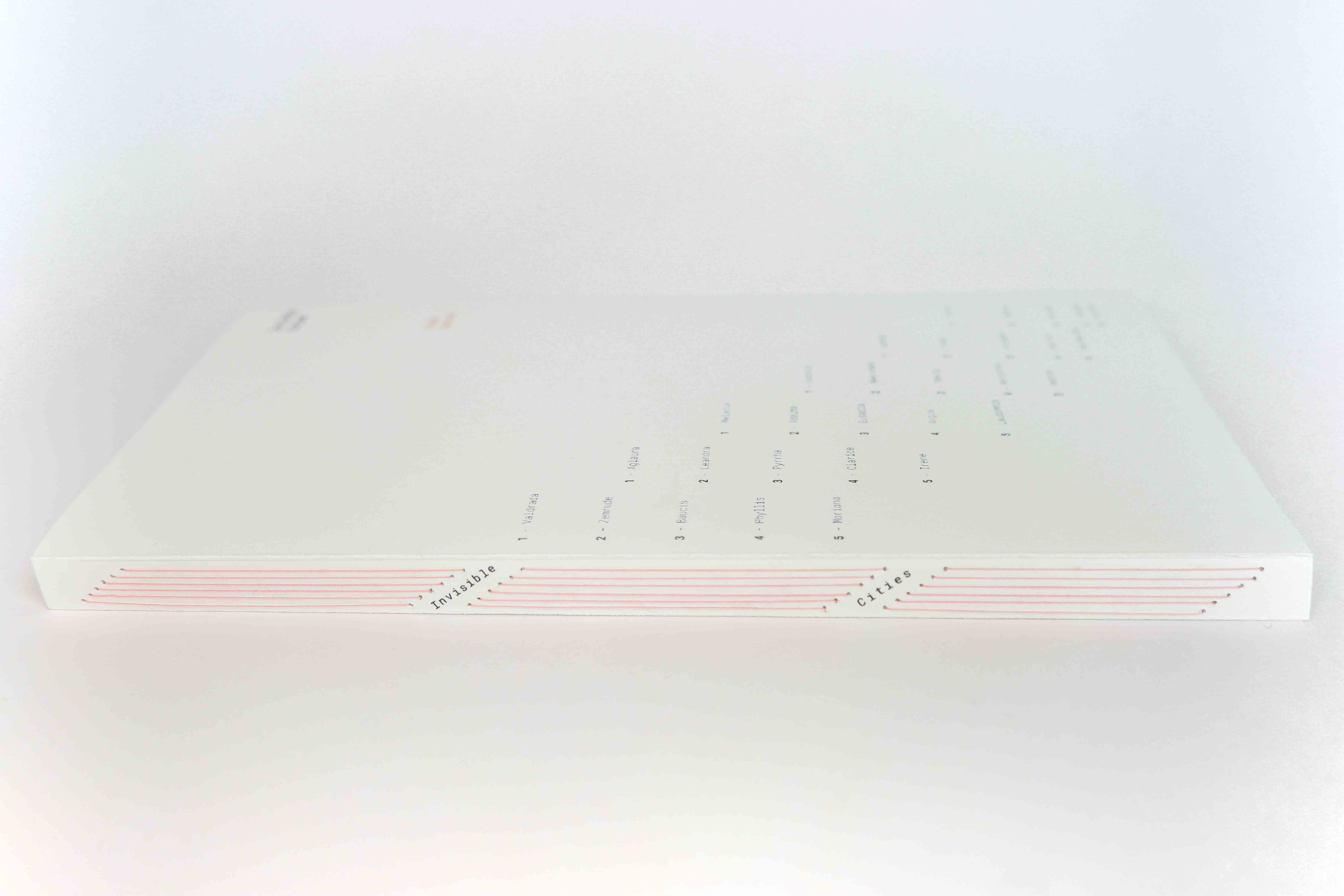 Spine design for Invisible Cities, the red thread binding reflects the geometric pattern that is used throughout the book design