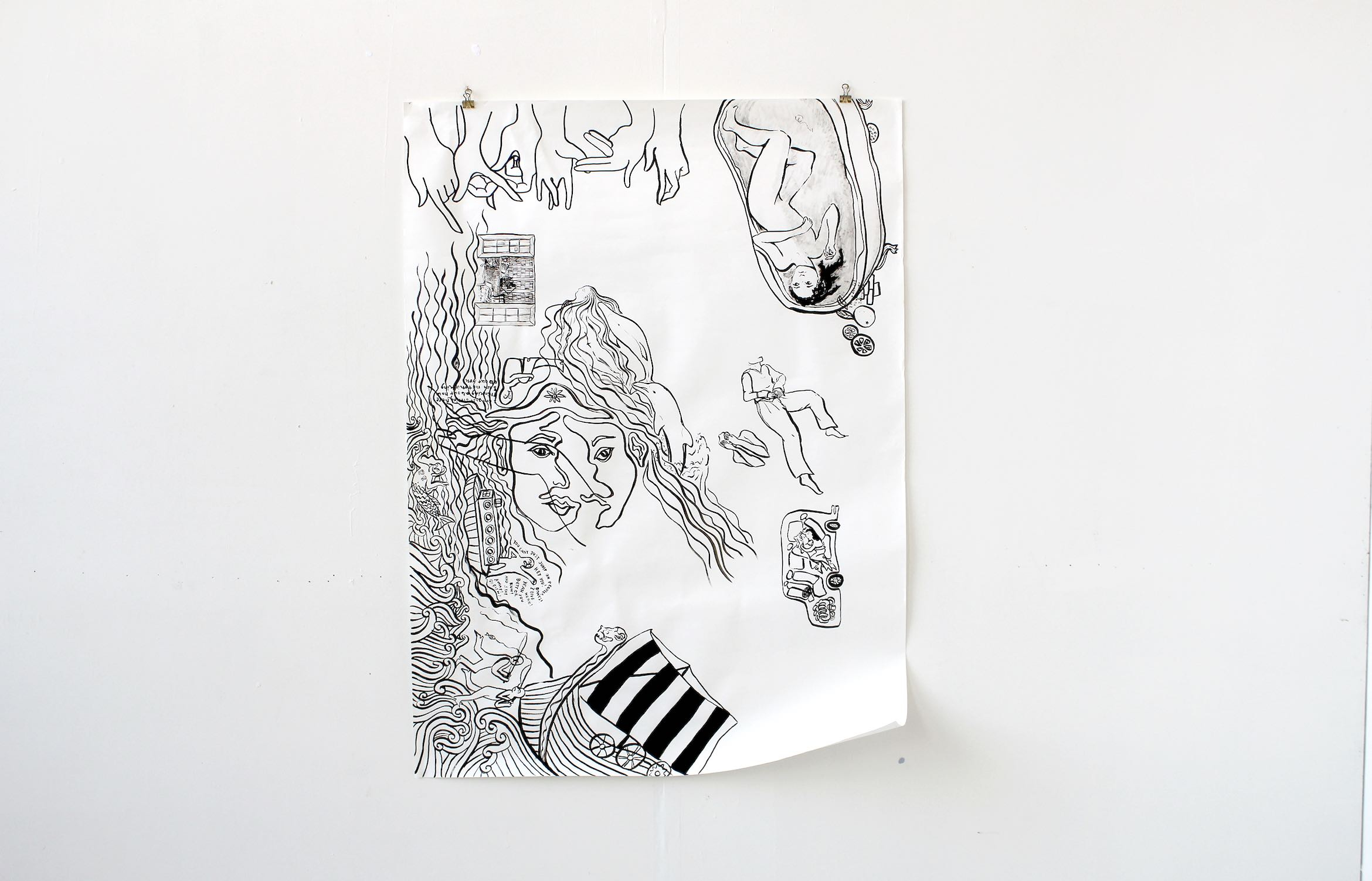 large ink drawing hung on wall showing a mix of small narratives, a person in a tub, a sailboat, wave become hair