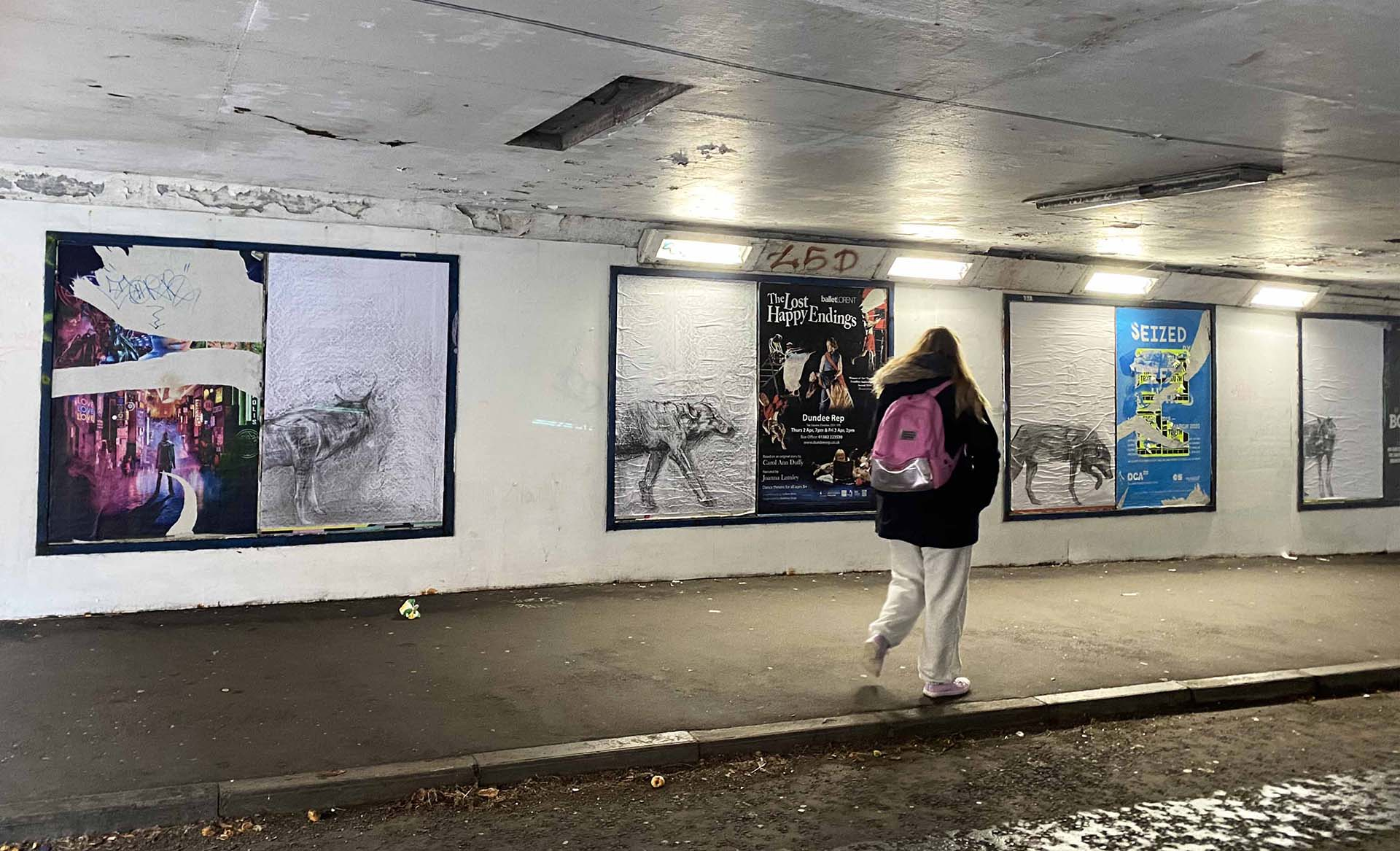 Wolves in West Bell Street Car Park Underpass, Dundee, installation