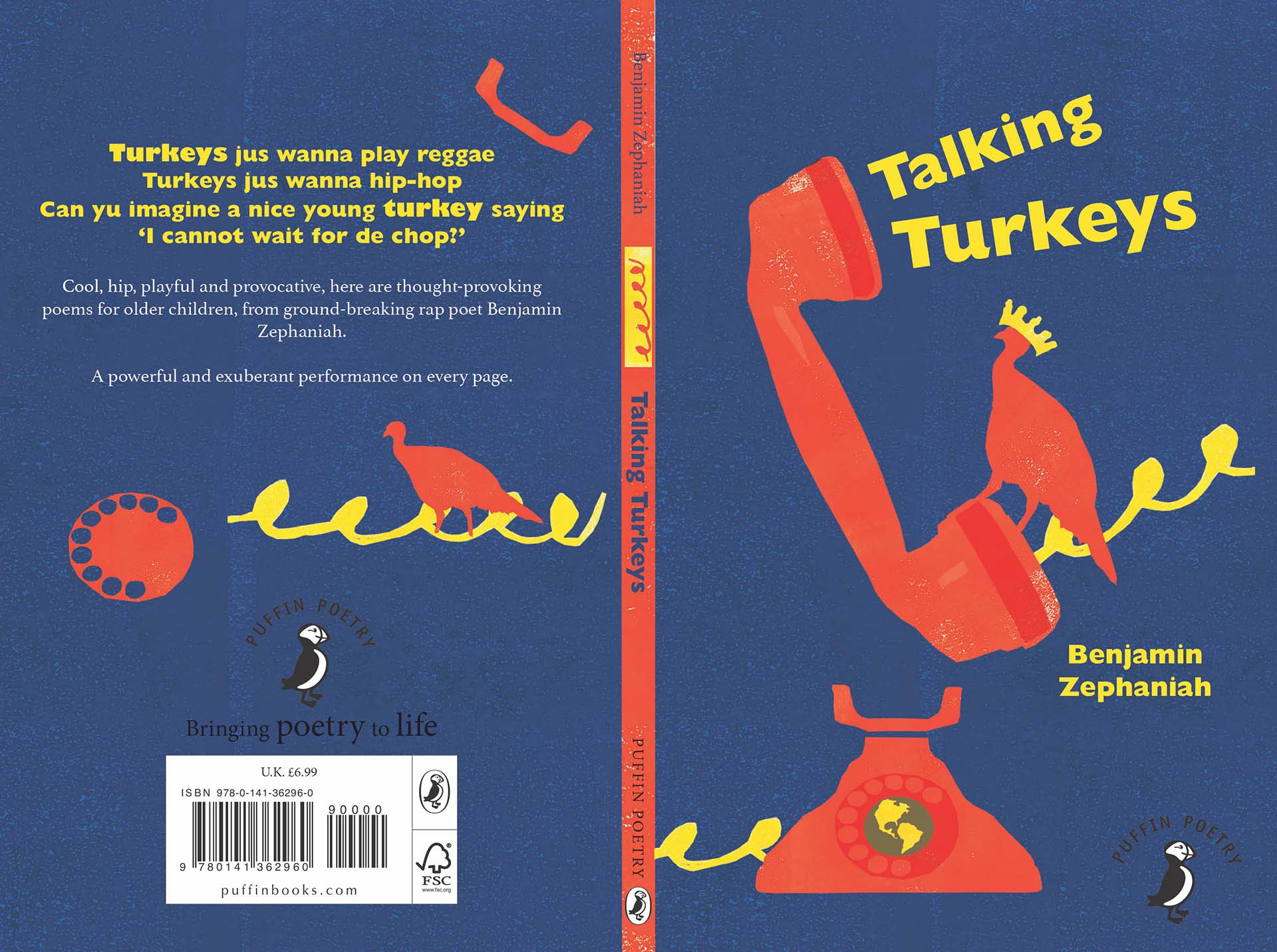 A book cover for "Talking Turkeys" in the colour scheme of orange and blue. A turkey speaks into the phone. 