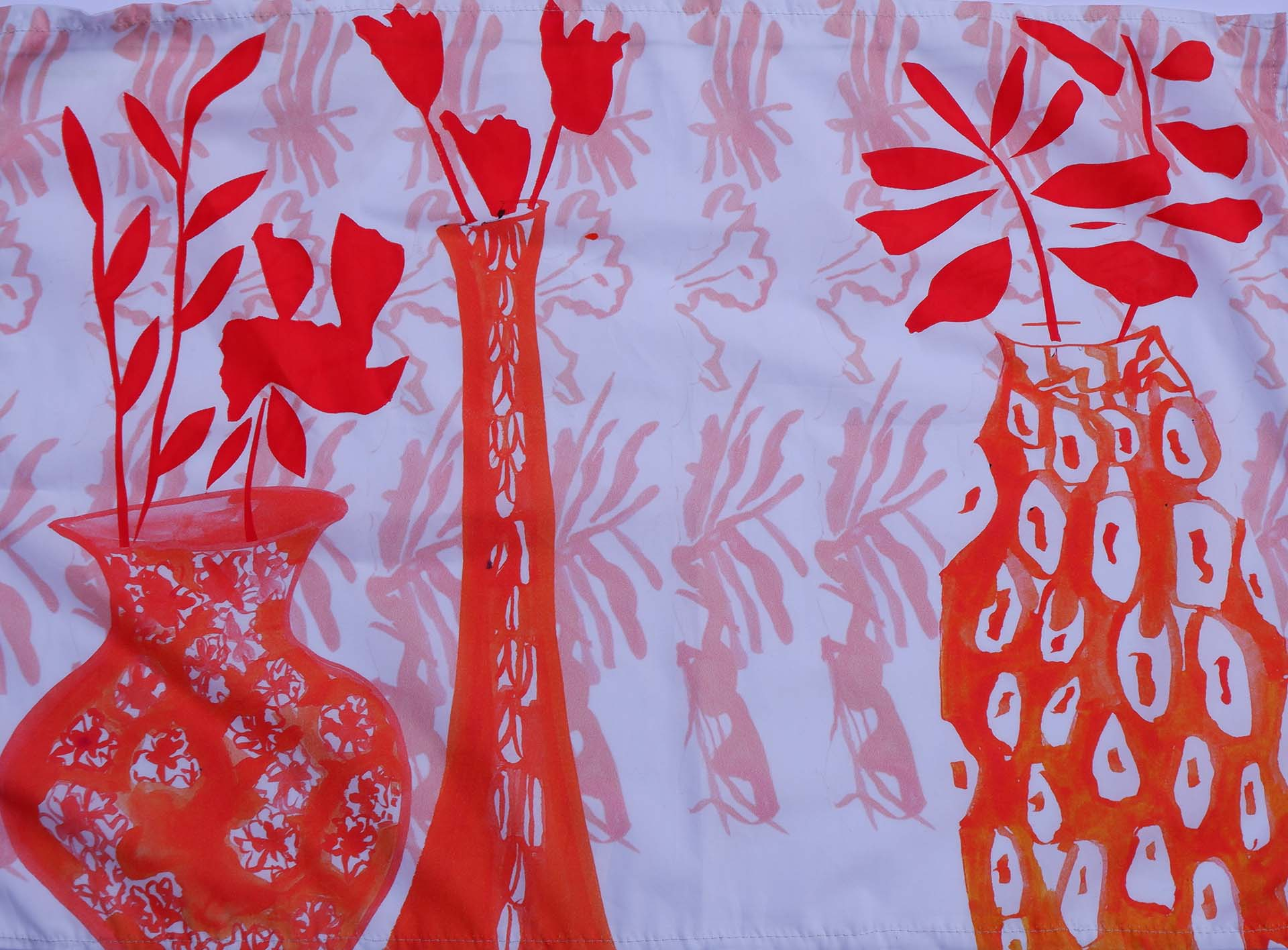 digital print with screen printed elements showing vases on a table 