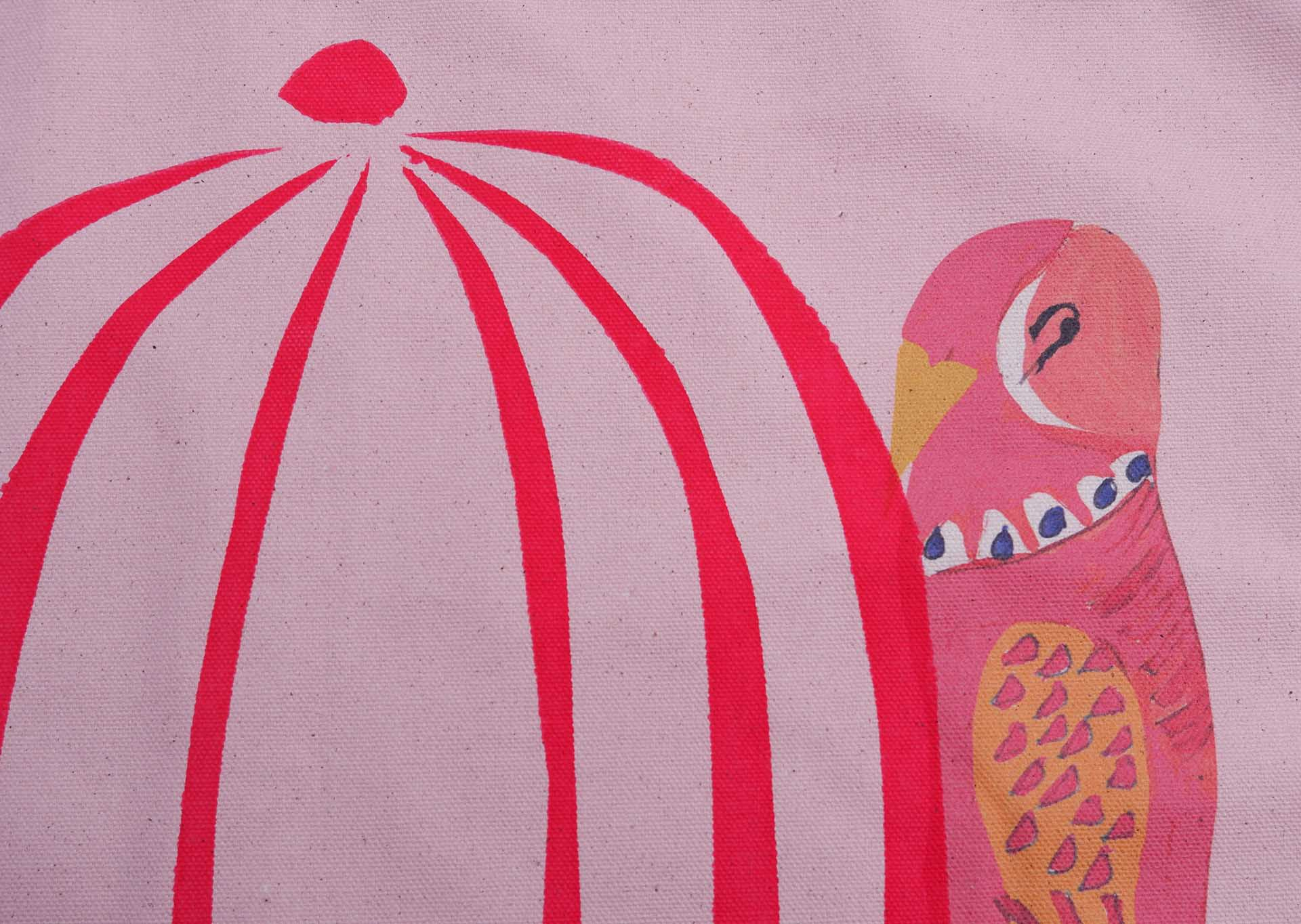 Screenprinted bird cage with digitally printed bird 