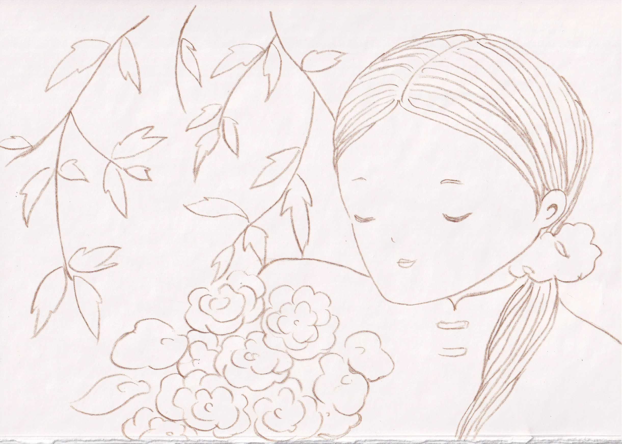 The mother is surrounded by flowers. 