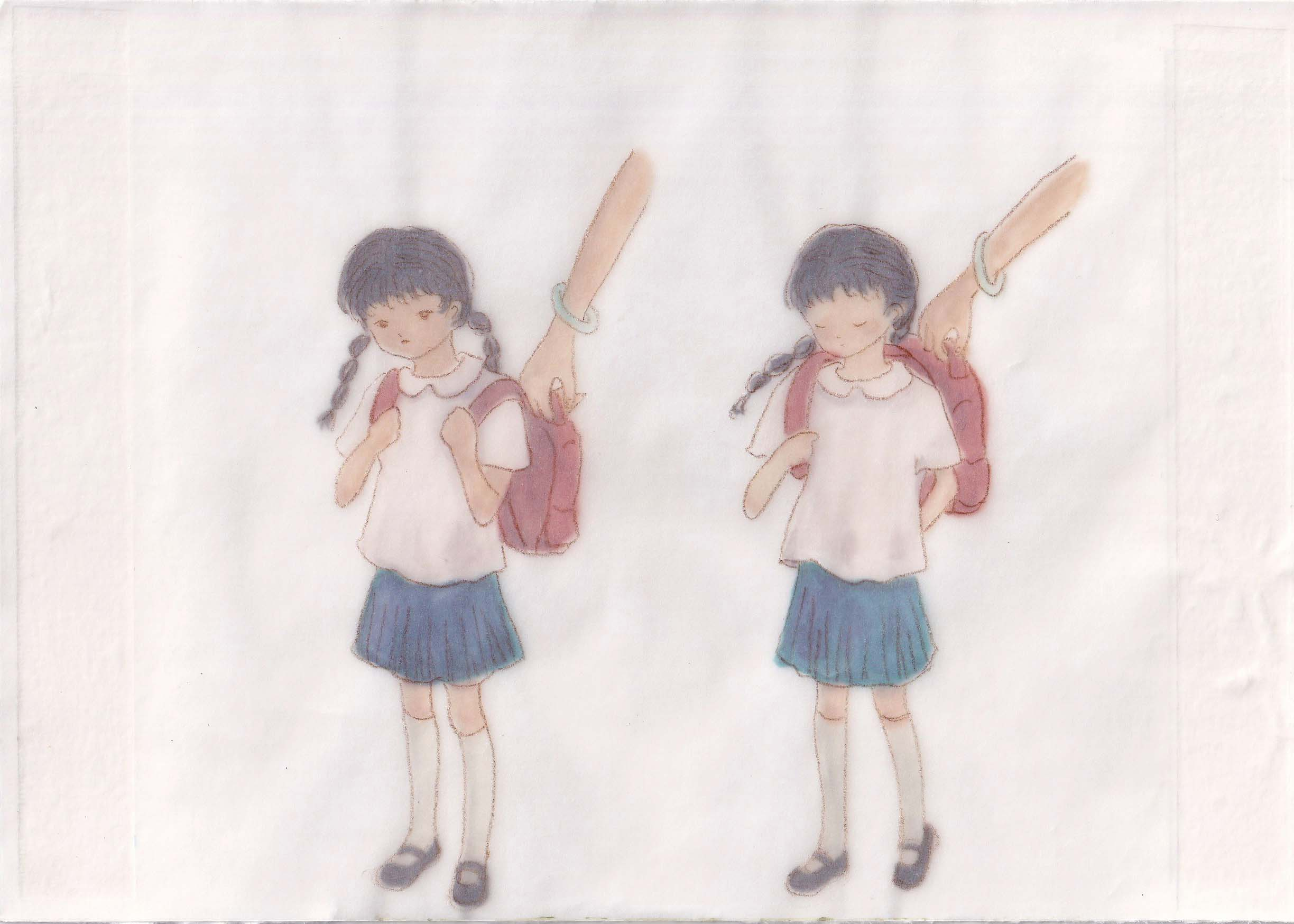 A girl stands when her mother is taking her backpack.