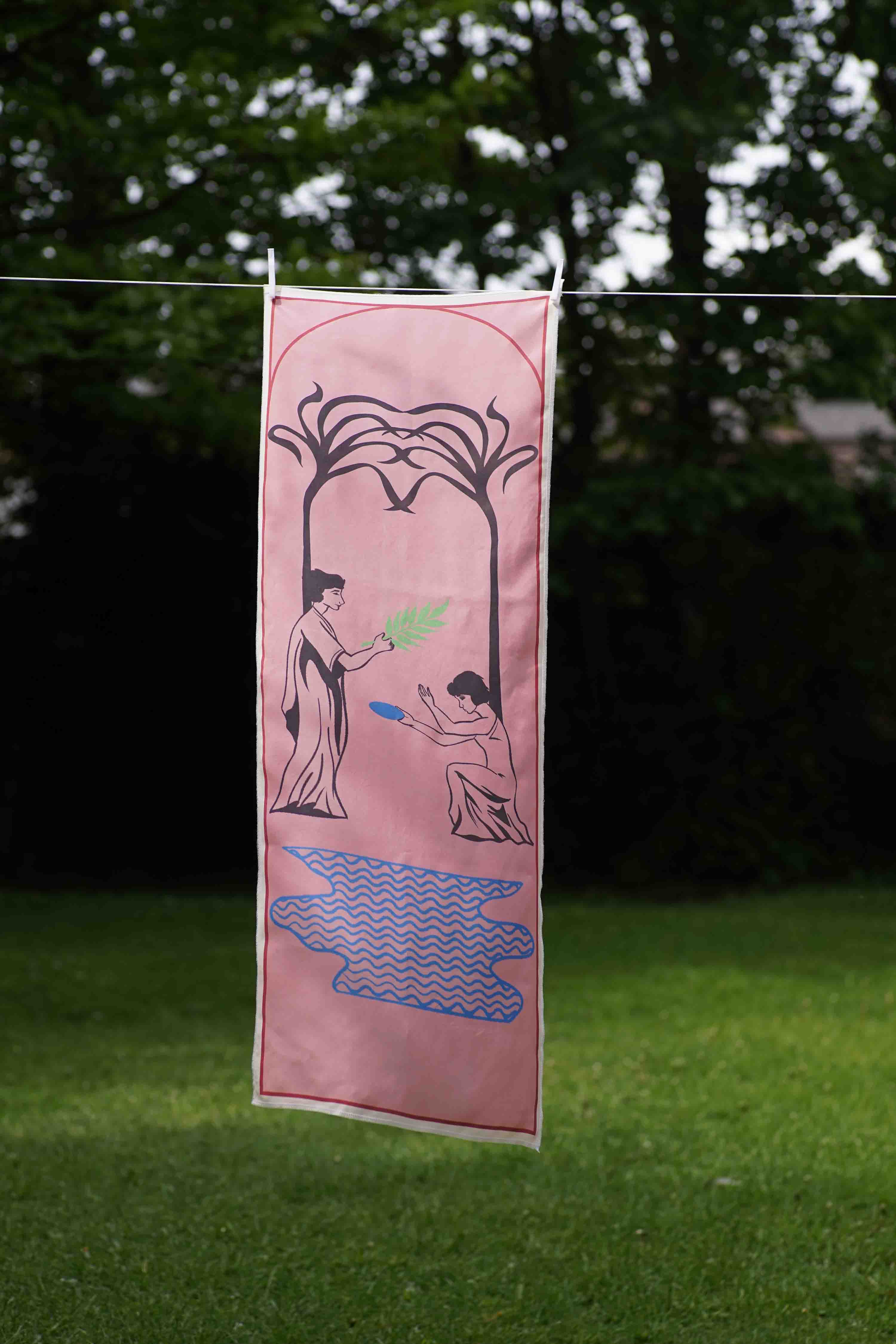 Flag: women, sugar cane plants and water.  Digital drawing and textile digital printing on silk