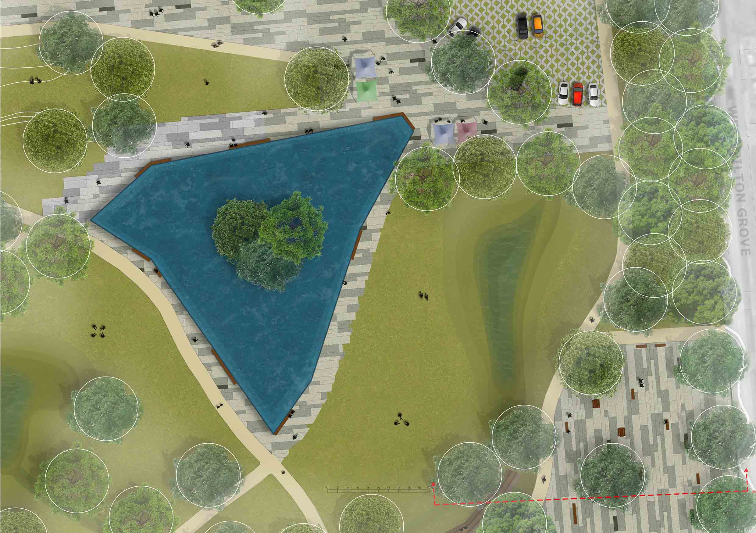 Plan view of the proposed water feature within West Pilton Park.