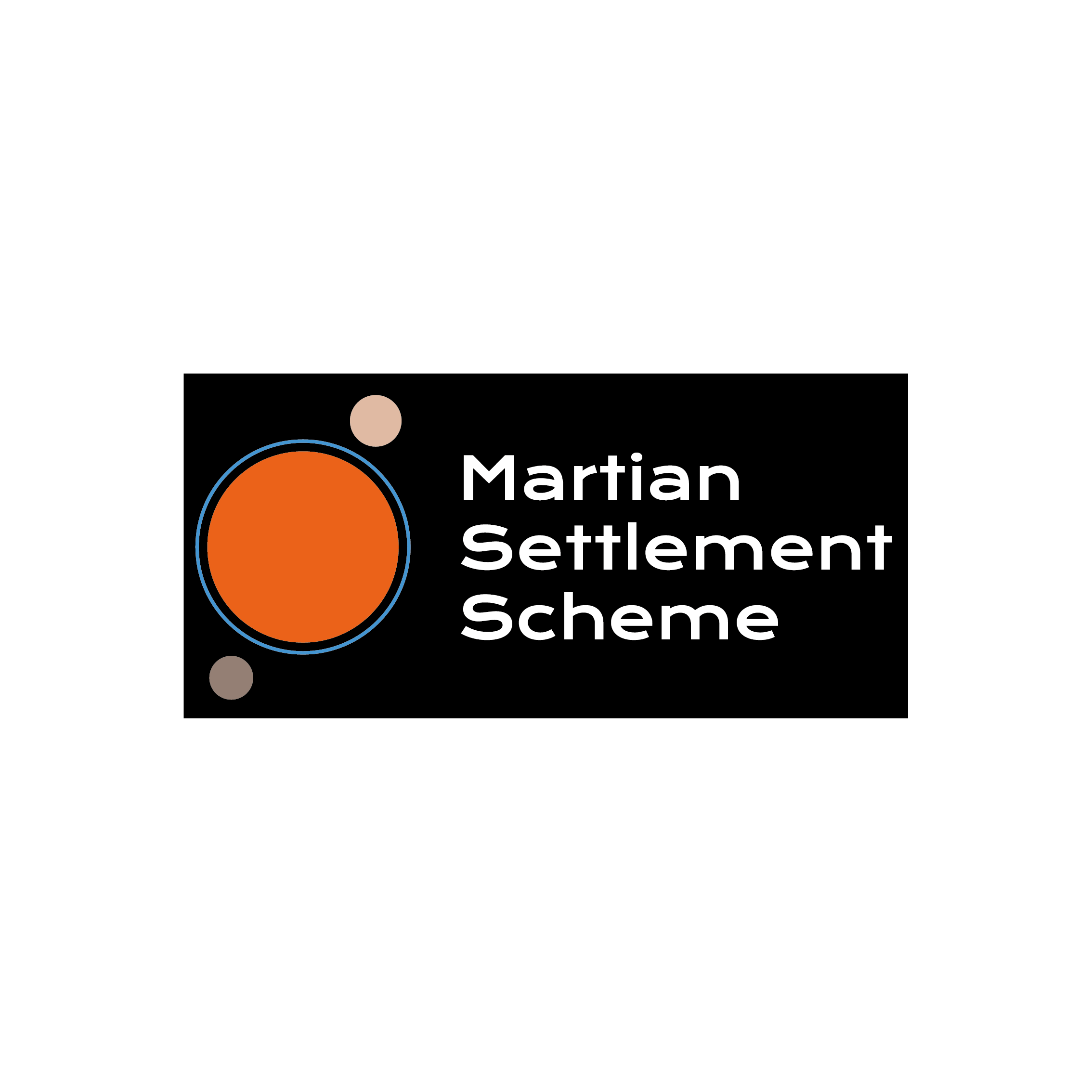 A logo enclosed within a black box. In the right side of the box text reads Martian Settlement Scheme, to the left side of the box is an orange circle, enclosed by the outline of a blue circle. To the top and bottom of the orange circle are two smaller brown circles.