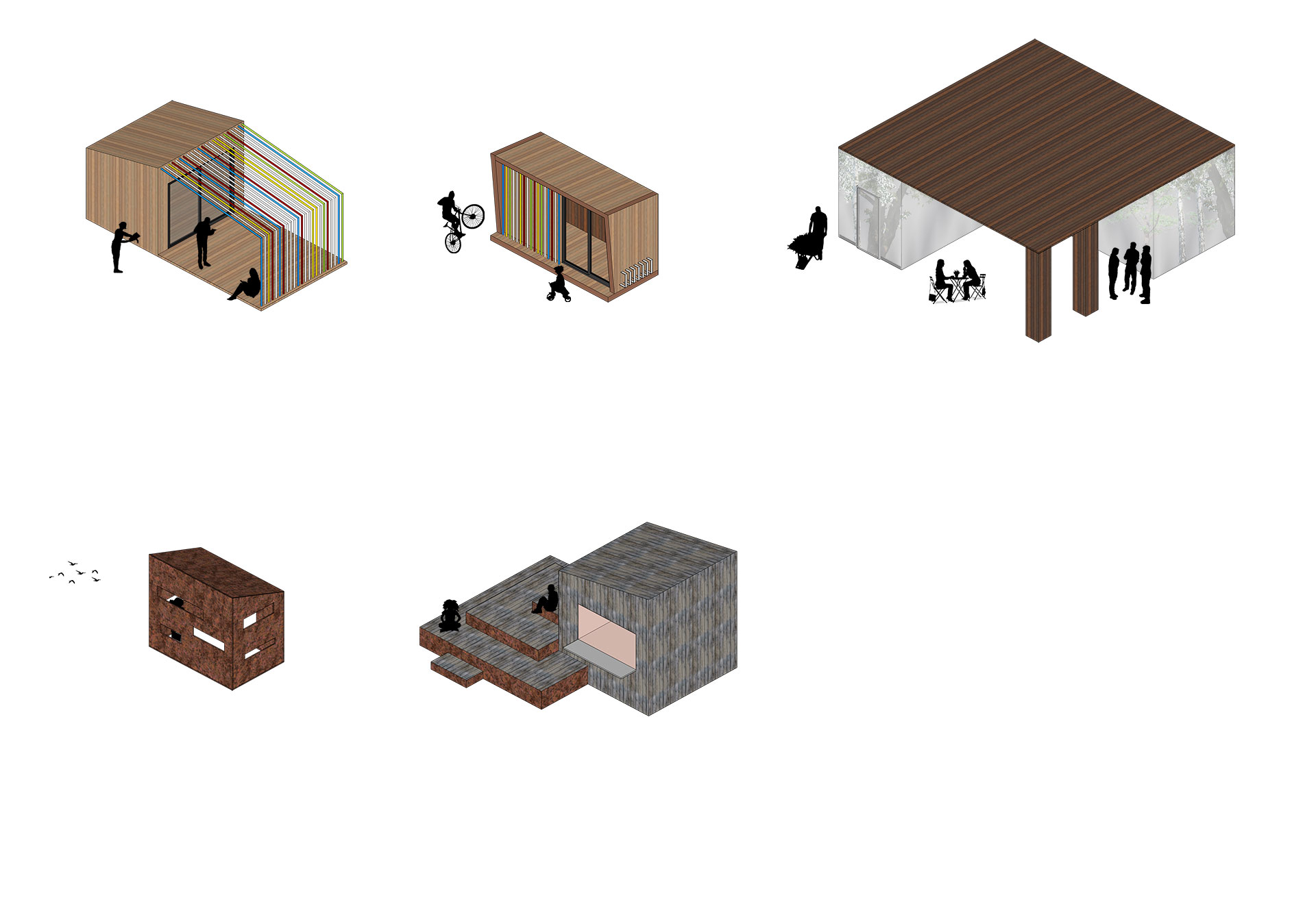 Graphic of a series of use-specific park pavilions