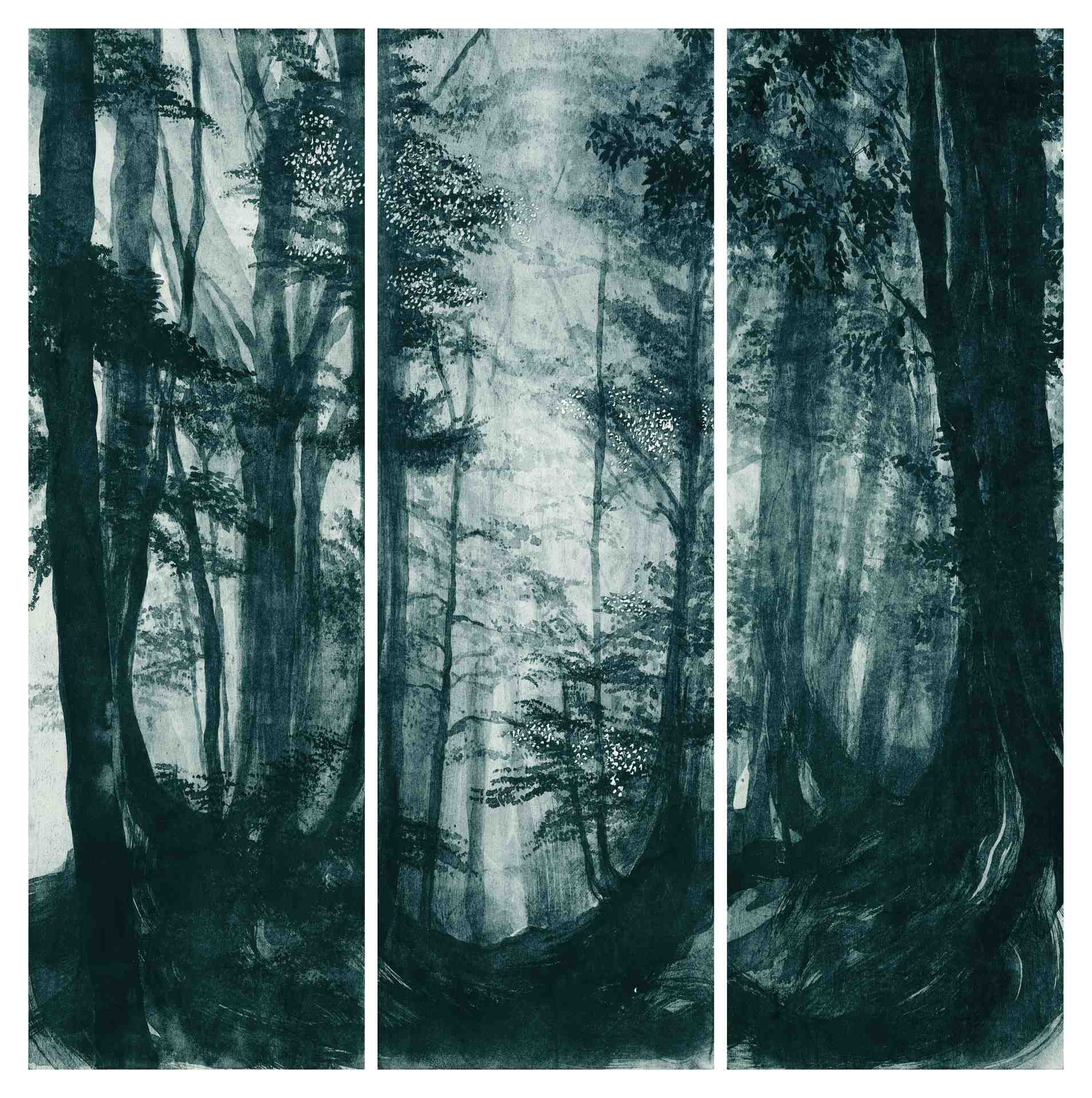 three panelled fine art prints of trees in a misty forest