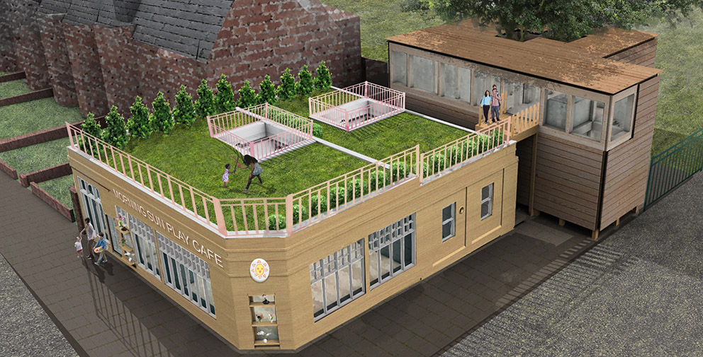 Exterior rendered image of the Morning Sun Play Cafe.