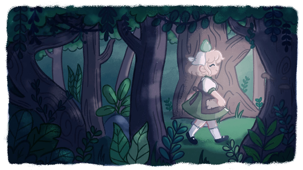 An illustrated image of a forest, light streaming in from the left hand side, and a small blonde girl walking towards the light with a frog on her head.