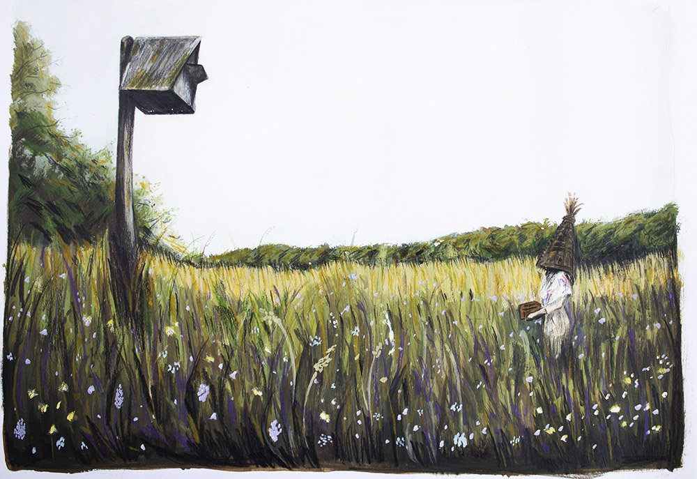 A gouache painting of a still from my short film, The Wren