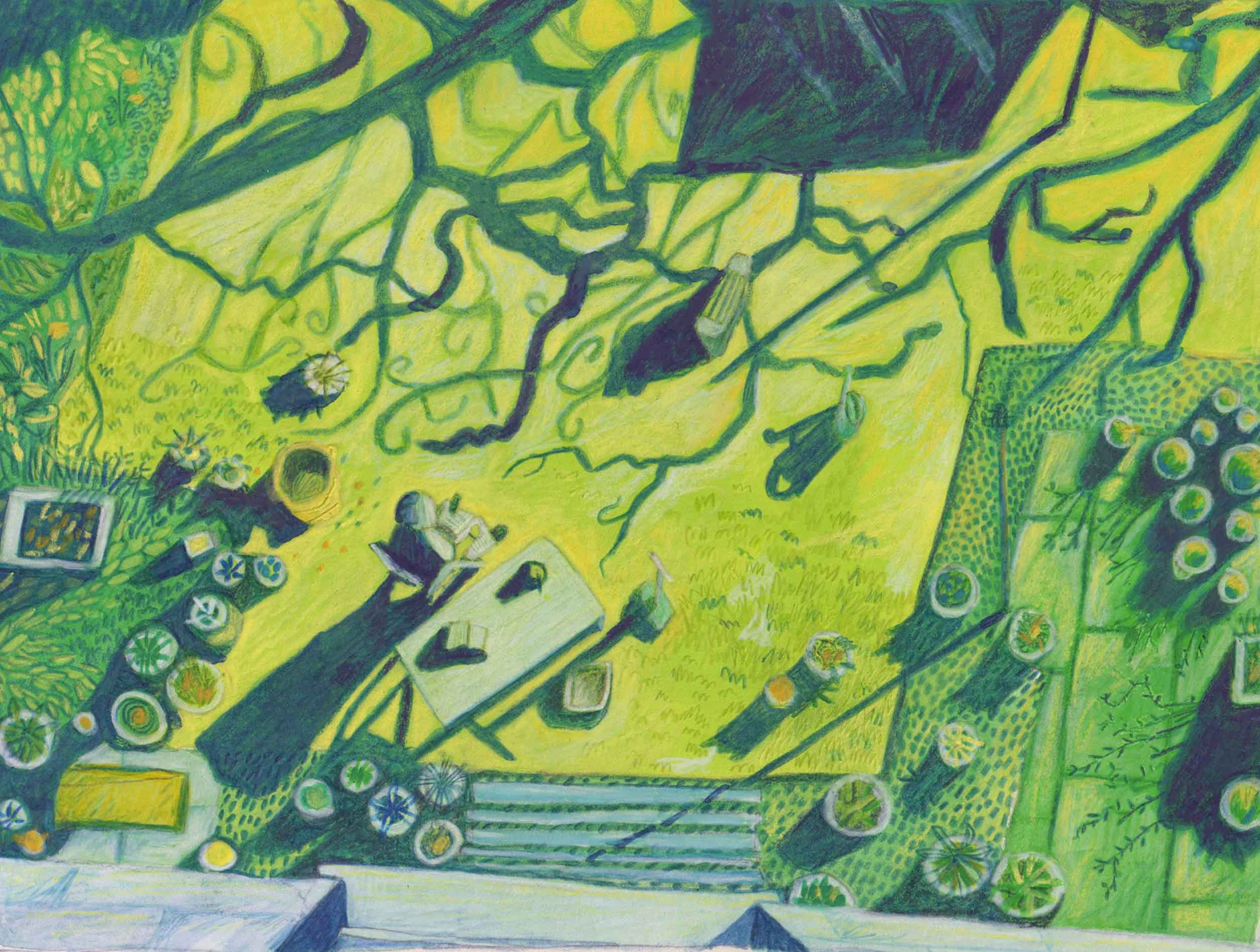 A bird's eye view of a drawing of a garden covered with the shadows of trees. There is someone sitting in the garden reading a newspaper surrounded by lots of plant pots. 