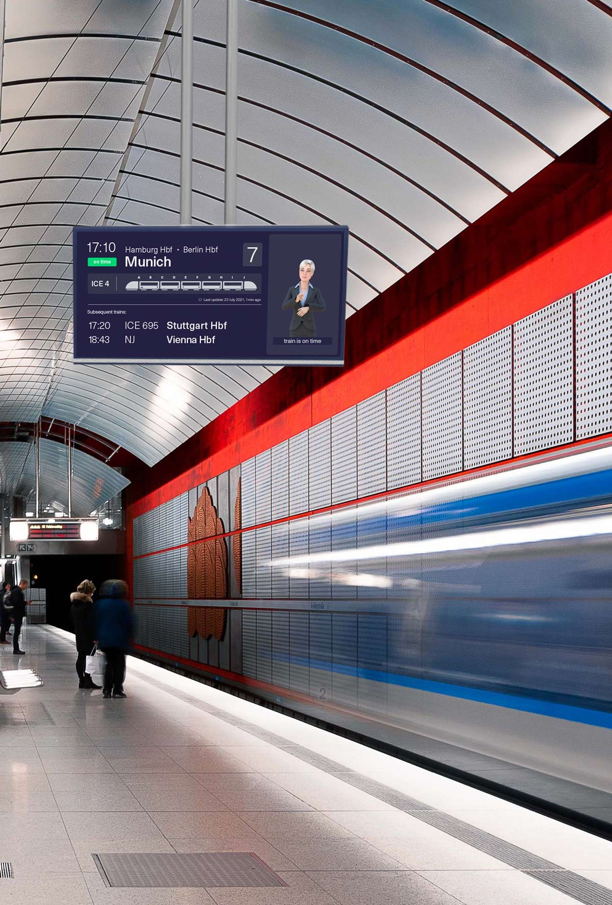 Header image showing a train station with a big display hanging from the ceiling. The display shows departure information, which are also translated by a sign language avatar.