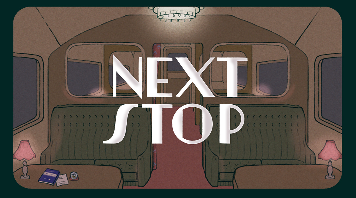 Train interior with "Next Stop" on top