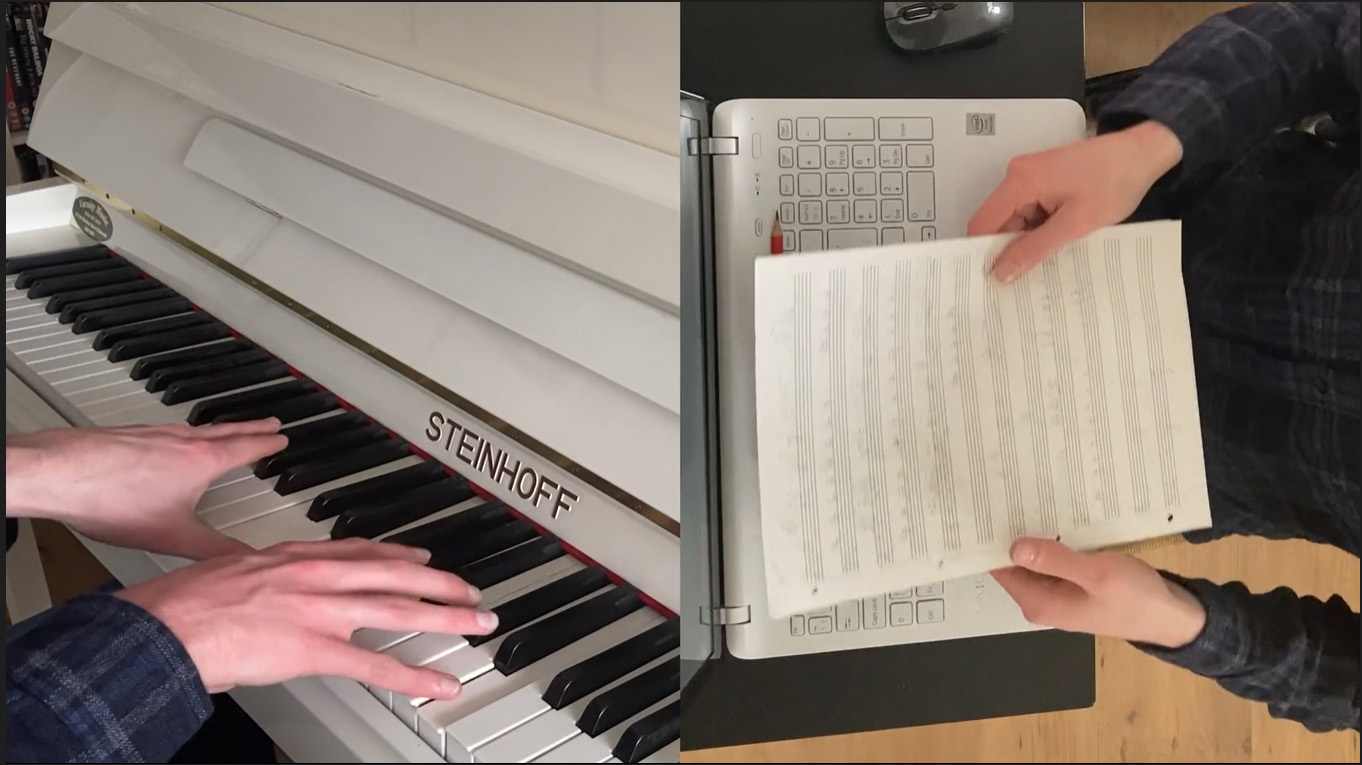 Photo showing a person playing a piano and working with laptop computer and notation paper